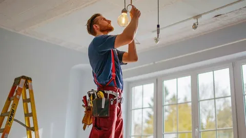 An electrician from Ideal Electrical installing a modern light fixture as part of residential electrical services in Fenelon Dr, Toronto.